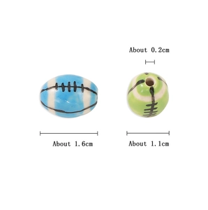 Detail view of ceramic rugby beads showing dimensions 1.6cm length and 0.2cm hole size