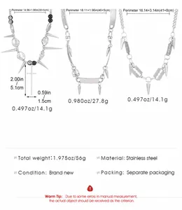 Detailed specs of punk rivet cross necklaces with lengths 38cm, 46cm and 41cm