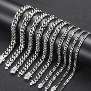 Macro view of silver Cuban link chains in various widths with pavé zircon spring clasps
