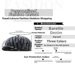 Detail of denim newsboy cap showing dimensions of 57-62cm head size and wash texture