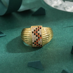 French Grosgrain Texture Copper Gold Inlaid Multicolor Rhinestone Open Ring Vintage Fashion Geometric Rectangular Finger Ring For Women