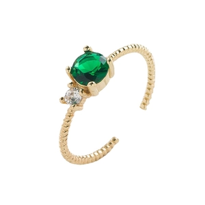 Minimalist 18K gold plated twisted open ring with green zircon and white stone accents