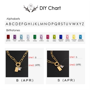 Detailed DIY chart for stainless steel alphabet necklace with birthstone options