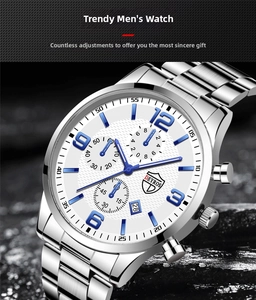 Detailed close-up of a silver men's watch featuring a white honeycomb dial and blue markers