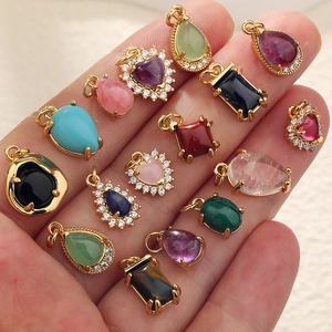 Variety of semi-precious heart and teardrop stone pendants in 18K gold plated copper settings