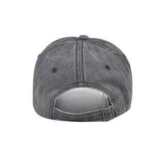 Detail of grey washed cotton baseball cap with vintage bronze metal adjustable buckle
