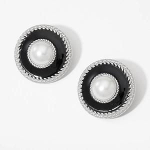 Vintage round stainless steel button earrings with black enamel and white pearl inlay