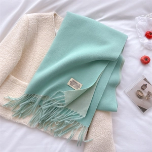 Detail of soft mint green cashmere-style scarf with fringe and beige brand label