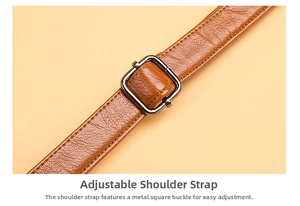 Close-up of adjustable brown leather shoulder strap with silver metal buckle for phone bag