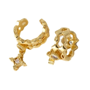 Gold-plated C-shaped ear cuffs with star charms and zircon stones on a white background