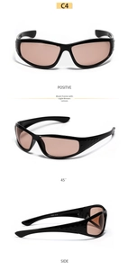 Macro detail of Y2K wraparound sunglasses with black frame and light brown lenses