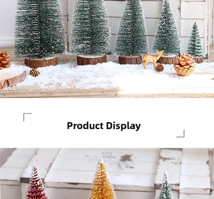 Close-up of mini sisal Christmas trees with snow effect and natural wood bases