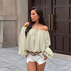 Light yellow off-shoulder chiffon top with puff sleeves and tie-up neckline for women