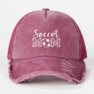 Distressed Soccer MOM washed baseball trucker hat with mesh back and frayed brim design