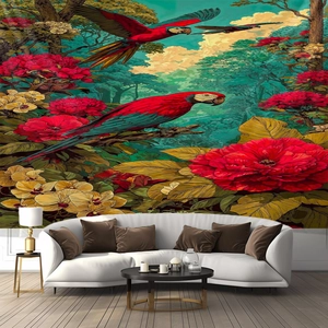 Detail of tropical jungle tapestry with scarlet macaws and lush red flowers in modern living room