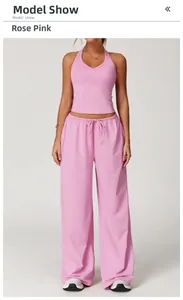 Detail view of rose pink brushed yoga set featuring high waist drawstring wide leg pants