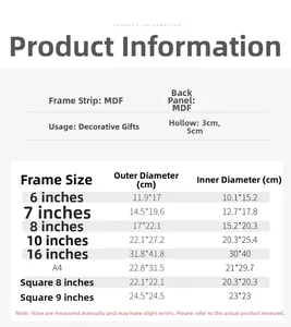 Size chart showing inner and outer dimensions for MDF shadow box frames with 3cm 5cm depth