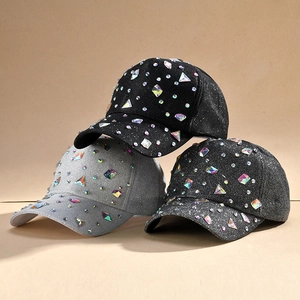 Sparkly baseball caps with multi-shaped rhinestones in black and silver glitter finishes