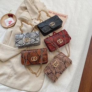 Women Snake Pattern Shoulder Bag PU Leather Gold Chain Small Square Crossbody Bag Double Ring Interlocking Buckle Flap