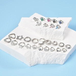 Silver butterfly and heart ear cuffs set with sparkling colorful zircon stones
