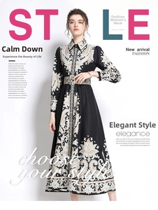 Detailed view of ethnic paisley pattern and button-down collar on vintage maxi dress