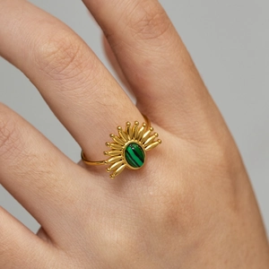 French vintage gold ring with green malachite stone and sunburst pattern for women