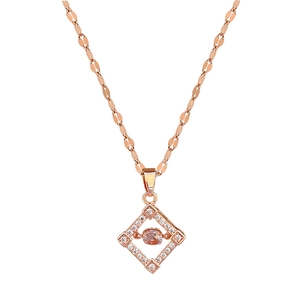 Rose gold necklace with a diamond-studded square pendant featuring a pink center stone