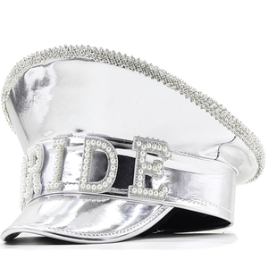 Shiny Mirror PU Leather Captain Hat With Artificial Pearls Rhinestones Bachelorette Party Wedding Bridal Festival Military Style