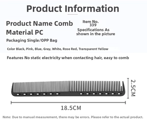 Detail view of 18.5cm carbon fiber hair comb with size specs and anti-static PC material