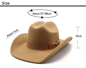 Detailed size specifications for the camel felt cowboy hat with ribbon bow accessory