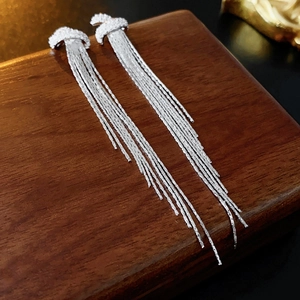 Macro shot of silver tassel earrings with glittering micro-inlaid zircon and sleek chains