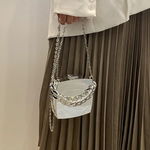 Silver mirror finish box clutch bag with thick chain handle and metal shoulder strap