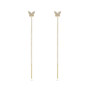 Detail of gold S925 sterling silver butterfly earrings with CZ tassels and chain
