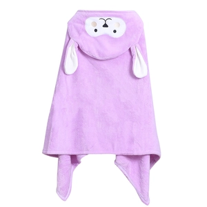 Soft purple coral fleece hooded baby towel with cute animal embroidery and white ears