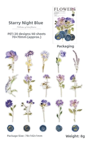 Macro view of blue and purple dried flower PET stickers with vintage wax seal patterns