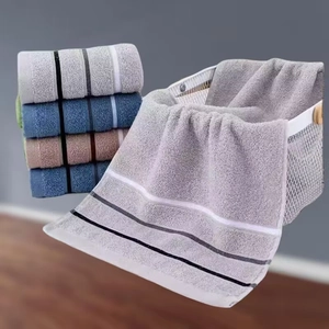 Folded cotton towels in various colors showing soft texture and striped design detail