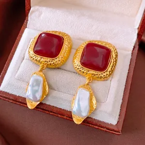 Vintage gold square resin earrings with baroque pearls in a premium jewelry box