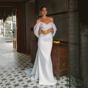 White Satin Off The Shoulder Mermaid Wedding Dress With Train Lantern Sleeves Simple Minimalist Bridal Gown For Women