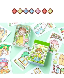 Detail of stationery sticker set with cute characters and green acrylic storage box