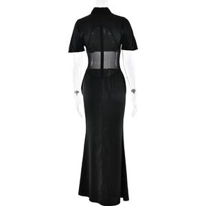 Detail of sheer mesh patchwork on back of black fishtail evening dress for women