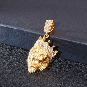 Hip-hop gold plated lion head pendant with crown and shimmering crystal accents
