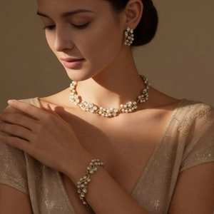 Baroque retro necklace with rhinestones and faux pearls on gold chain in lifestyle view