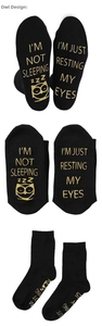 Detail showing non-slip socks bottom with golden owl print and humorous text