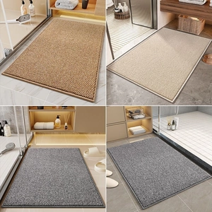 Nonslip absorbent bathroom mats shown in four color variants within a modern home setting