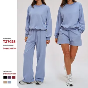Women Round Neck Long Sleeve Hoodie And Wide Leg Pants Shorts Outfits Cotton Polyester Blend Casual Solid Color