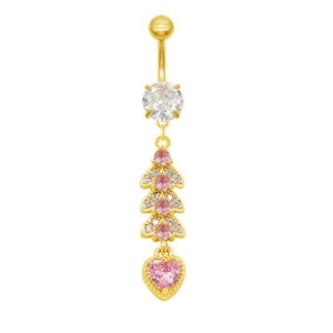 Detail shot of golden heart belly ring featuring pink marquise zircon and crystal accents