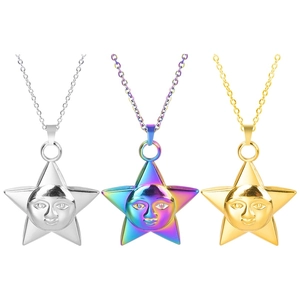 Detailed view of three stainless steel star pendants in gold, silver, and rainbow finishes