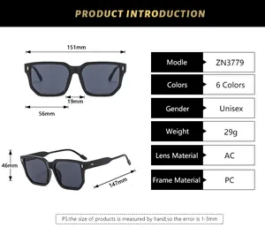 Detailed size chart for square sunglasses showing lens width and frame measurements