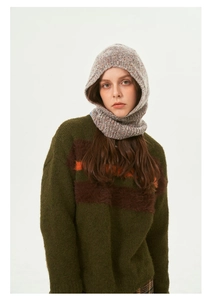Detail of grey speckled knit balaclava styled with a striped olive green wool sweater