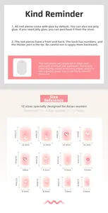 Detailed size chart for pink heart press-on nails in twelve different measurements